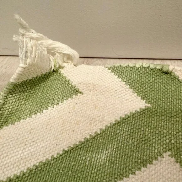 Green White Zig Zag Area Rug 71x49" (6x4 ft) Geometric Greek Key Handwoven